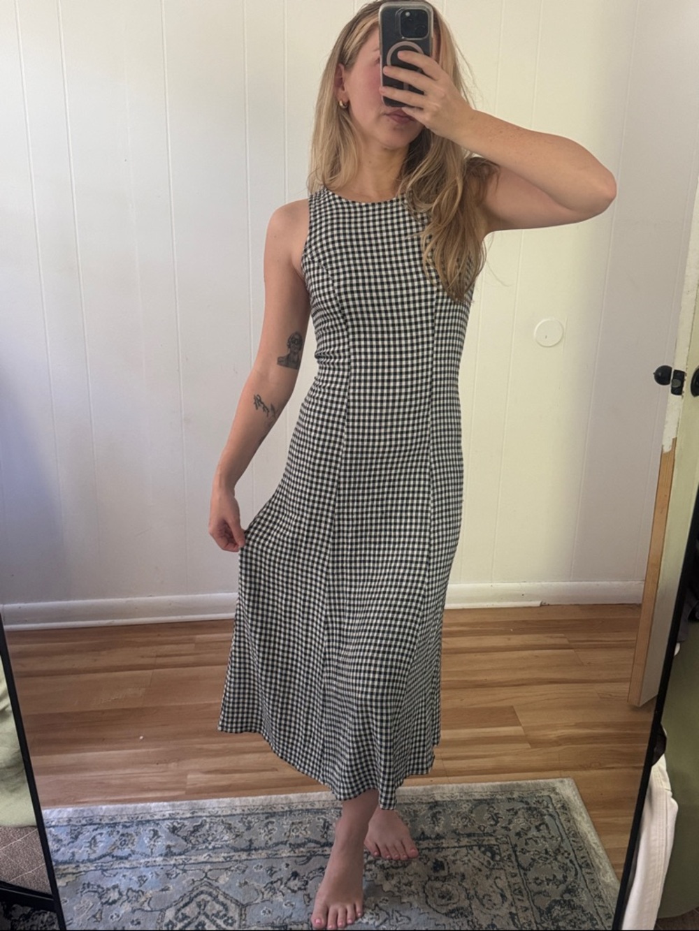 Vintage Sleeveless Black and White Gingham Midi Dress, Corset back